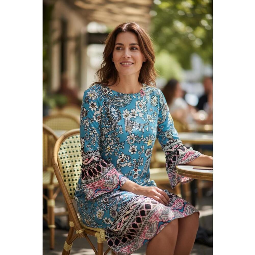 Reborn Blue‎ Floral Print Bell Sleeve Dress